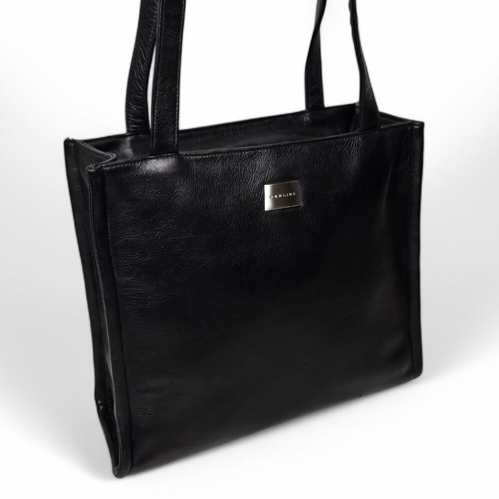 Perlina Black Soft Leather Shoulder Purse Women's Boxy Zip Top Classic Look - Picture 2 of 11